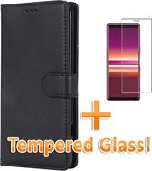 Sony XPERIA 5 Hoesje - Portemonnee Book Case - Kaarthouder & Magneetlipje + Tempered Glass - Zwart
