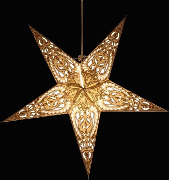 Kerstster papier met verlichting - 60 cm diameter, 24 cm diep - Kerst ster voor binnen - Ganesha Grijs Goud - FSC papier - Incl. 3 m. snoer met stekker, schakelaar en E14-fitting - Kerst Raam decoratie - Kerstversiering - Kerstverlichting