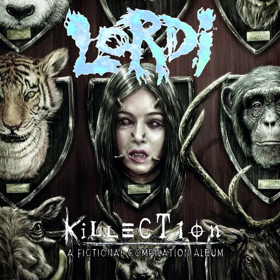 De albumcover van 'Killection' van Lordi, met een collage van dierenkoppen en een centraal portret van een vrouw.