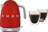 Smeg KLF04RDEU - regelbare waterkoker - Rood + Maxxo dubbelwandige glazen - 2 stuks