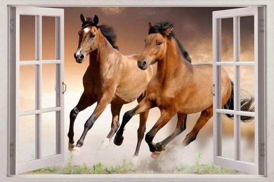 Stickerkamer Muursticker paarden uitzicht raamkozijn 90cm x 60cm