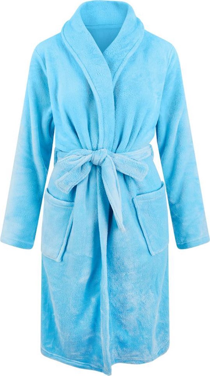 Unisex badjas fleece - sjaalkraag - dames badjas / heren badjas - lichtblauw - maat S/M