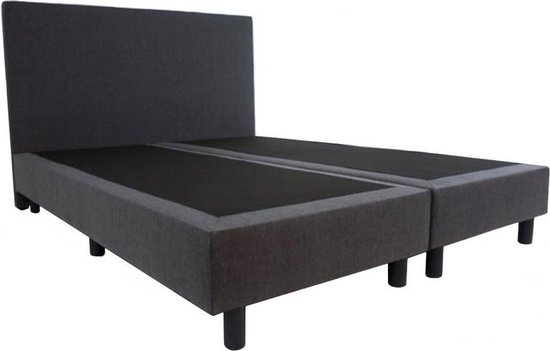 Twee boxsprings van 90x200 cm in antraciet stof, met een hoofdbord en vier zwarte pootjes.