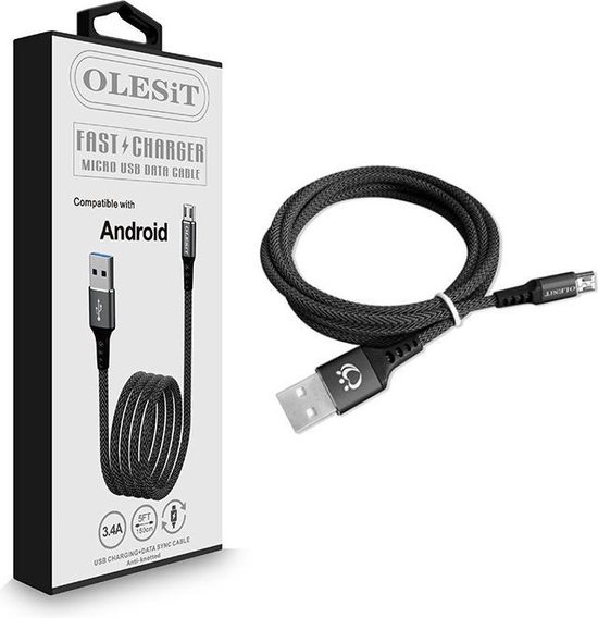 Olesit Micro USB Fast Charge 3.4A - Oplaadkabel - Veilig laden - Data Sync & Transfer - Anit-Knik - 1.5M Zwart