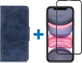 Shop4 - iPhone 11 Hoesje + Glazen Screenprotector - Wallet Case Cabello Echt Leer Donker Blauw
