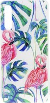 Shop4 - Samsung Galaxy A30s Hoesje - Zachte Back Case Flamingo en Bladeren Transparant