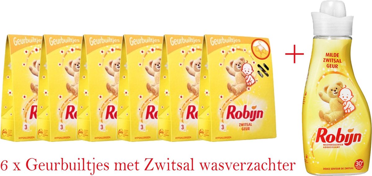 Robijn Zwitsal Geurbuiltjes - 6 x 3 stuks - Voordeelverpakking + fles Zwitsal Wasverzachter