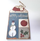 Houten tekstbord kerst Merry Christmas met sneeuwpop