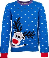 Amantes Foute kersttrui - Blauw met rendier – Voor meisjes & jongens - maat 140/146 - Incl. Giftbox - 100% Katoen