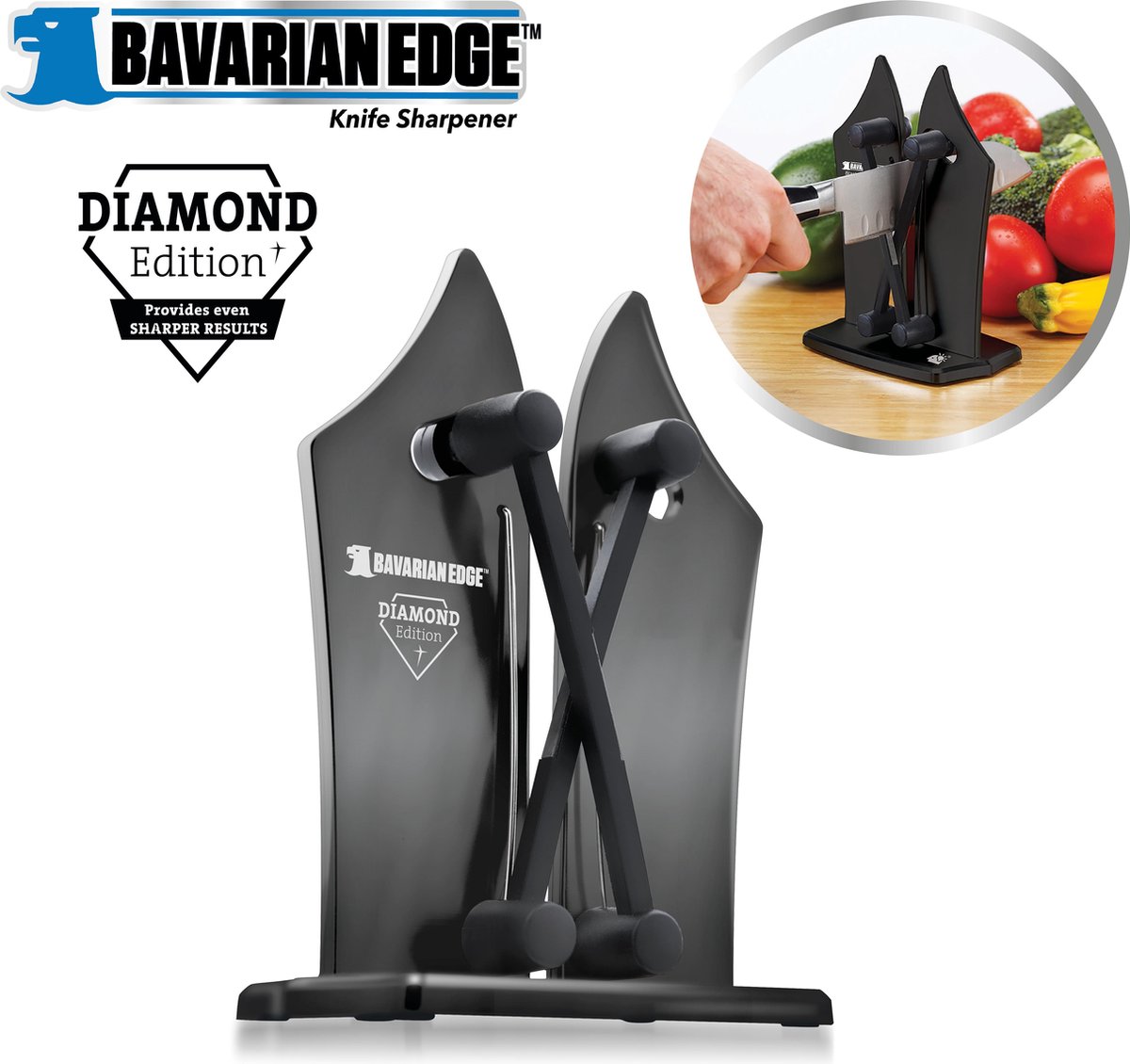 Bavarian Edge Diamond Edition - Knife Sharpener - messenslijper deluxe - pro editie met ingebouwde diamantdeeltjes - maakt alle messen weer scherp - MediaShop