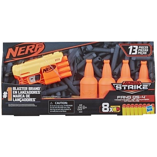 Doos van de Nerf Alpha Strike Fang QS-4 met blaster, pijltjes en flessen.