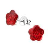 Joy|S - Zilveren glitter bloem Daisy rood oorbellen 8 mm