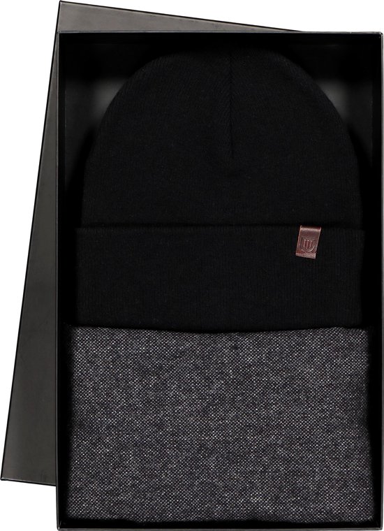 Coffret noir uni avec un bonnet et une écharpe en coton biologique