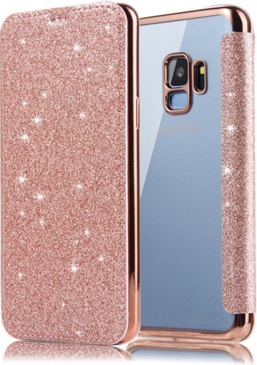 Geschikt voor Samsung Galaxy S9 Plus Flip Case - Roze - Glitter - PU leer - Soft TPU - Folio