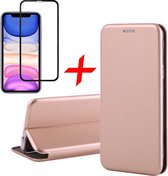 iphone 11 hoesje - iphone 11 case book case cover leer wallet roségoud - hoesje iphone 11 apple - iphone 11 hoesjes cover hoes - 1x iphone 11 screenprotector glas tempered glass screen protector full screen