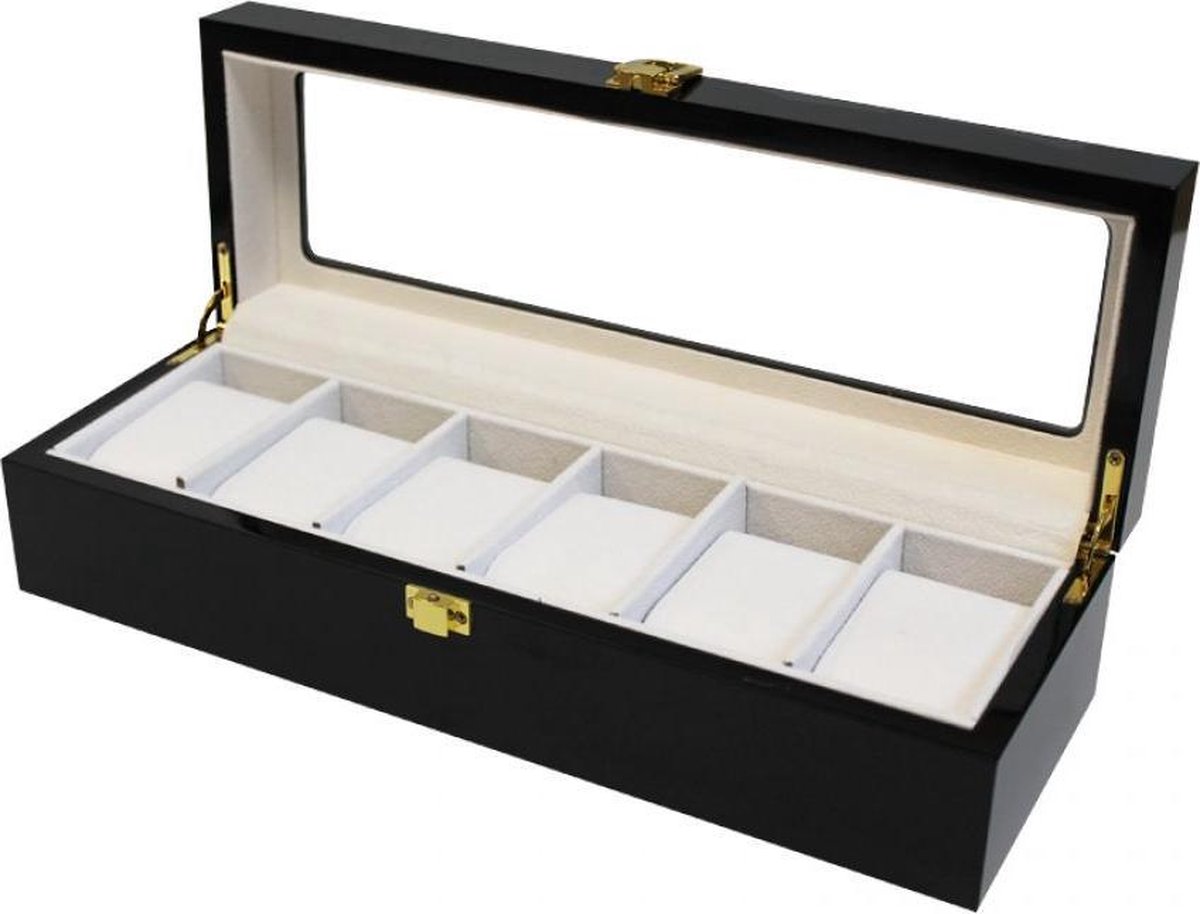 Luxe klassieke houten horlogebox voor 6 horloges Zwart