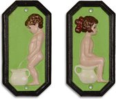 Maddeco - Gietijzer - toilet - bordjes - jongen - meisje - groen - set - toiletbordjes