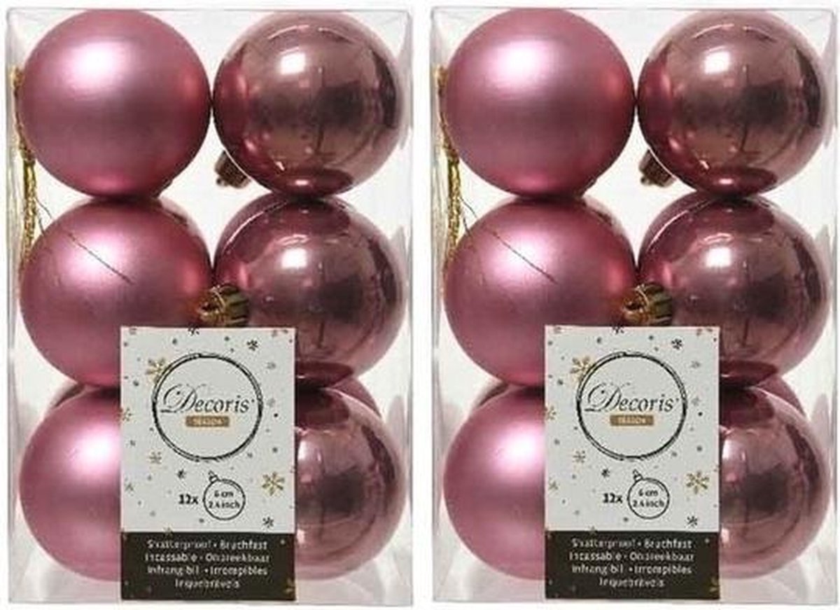 24x Oud roze kunststof kerstballen 6 cm Mat/glans Onbreekbare