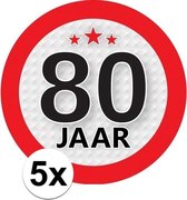 5x 80 Jaar leeftijd stickers rond 9 cm - 80 jaar verjaardag/jubileum versiering