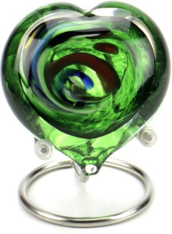 Glasobjecten Hartje Groen Multicolor op Standaardje Mini Knuffel Urn Glasobject Hart Glas As-in-glas Knuffelsteen Taststeentje Knuffelhart Gedenkhart