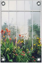 Tuinposter –Bloemen Voor Raam– 60x90cm Foto op Tuinposter (wanddecoratie voor buiten en binnen)