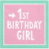 Servetten 1st Birthday Girl, 33x33 cm (1 zakje met 20 stuks)