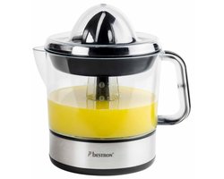 foto van Bestron elektrische Citruspers, Sinaasappelpers incl. 2 perskogels en aromadeksel, motor met twee draairichtingen (links/rechts), sap reservoir: 0.7 liter, 40 Watt, kleur: zilver