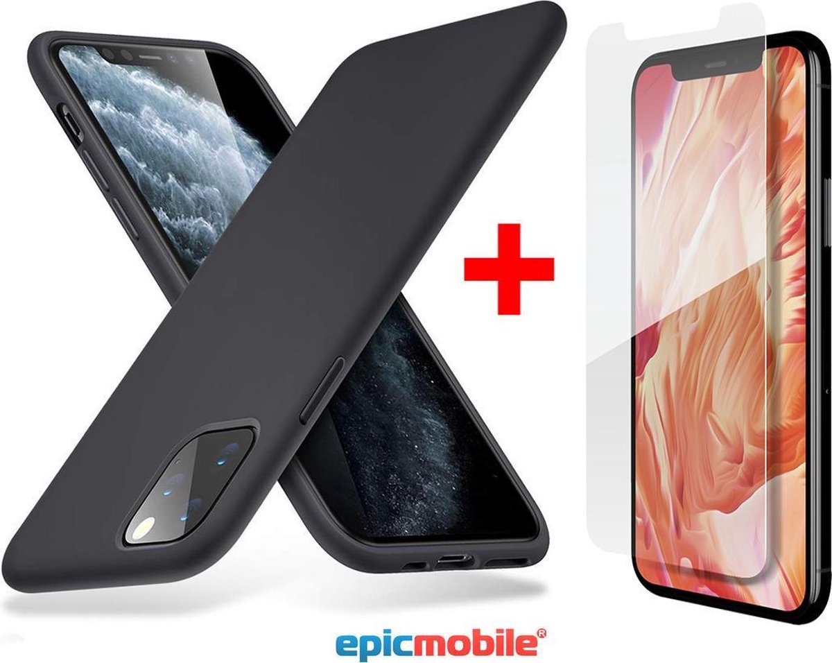 Hoesje geschikt voor iPhone 11 Zwart matte silicone hoesje + Screenprotector - Tempered Glass - Combideal - EPICMOBILE