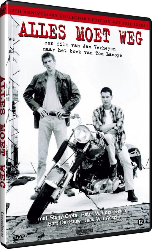 DVD hoes van "Alles Moet Weg" met twee mannen naast een motorfiets. De titel is in rode letters bovenaan.