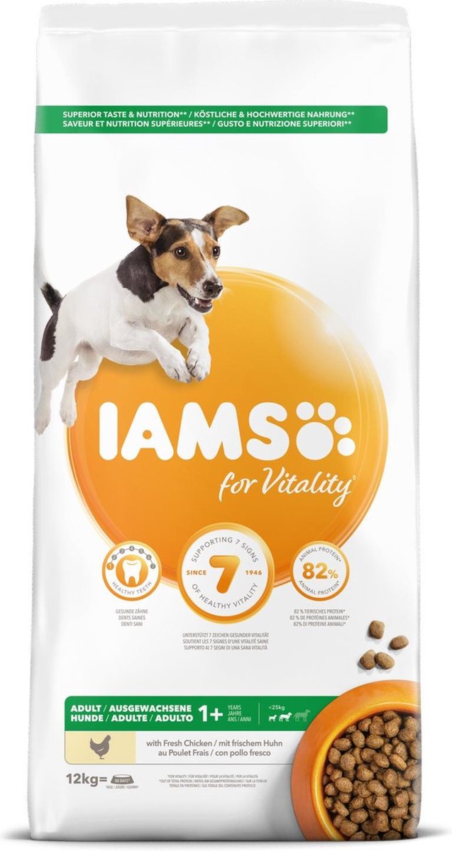 12kg for Vitality Dog Adult Small Medium Kip IAMS Hondenvoer