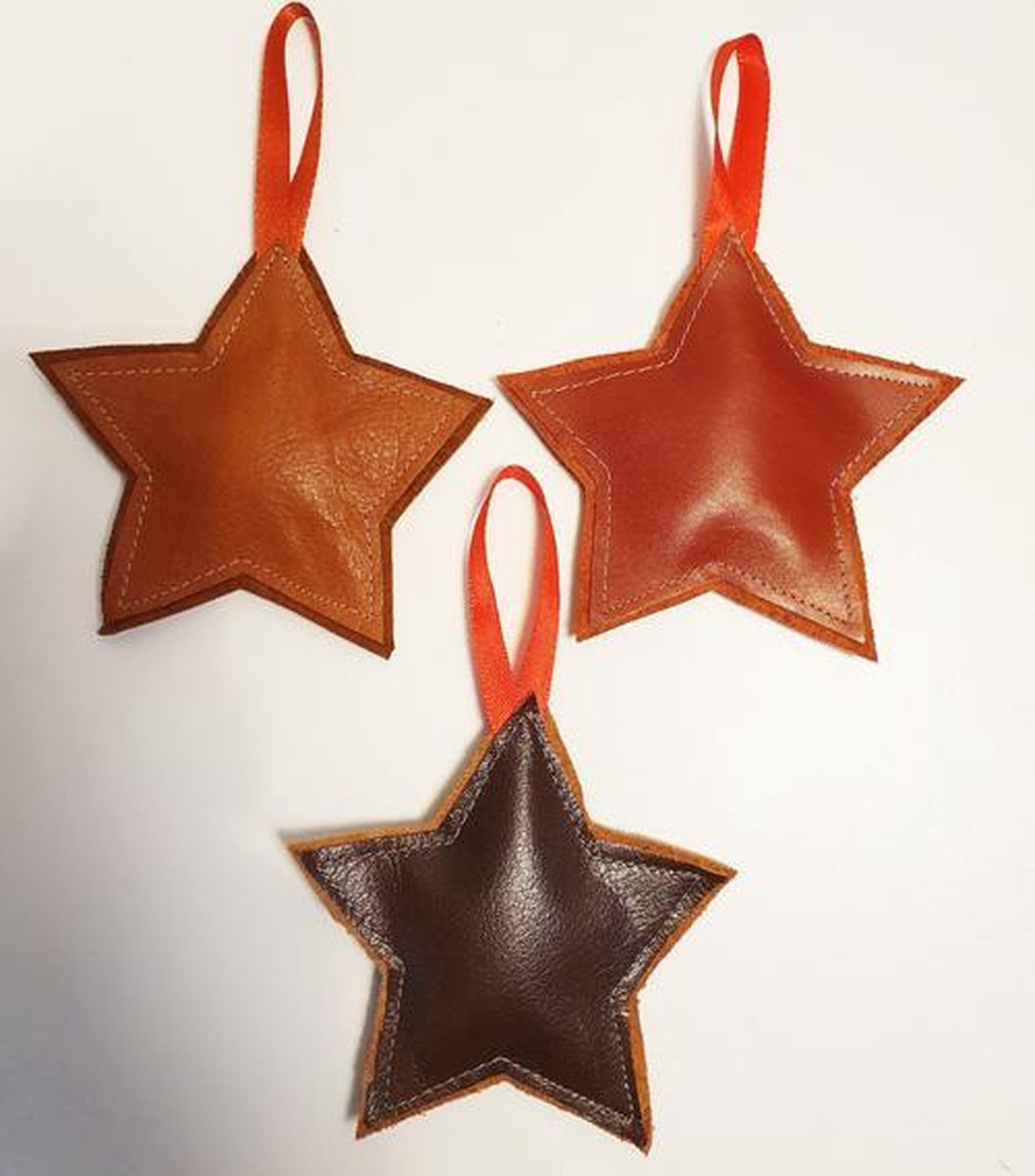 Toetie & Zo Handgemaakte Set Leren Hangers Bruin Ster, kerstmis, kersthanger, kerstbal