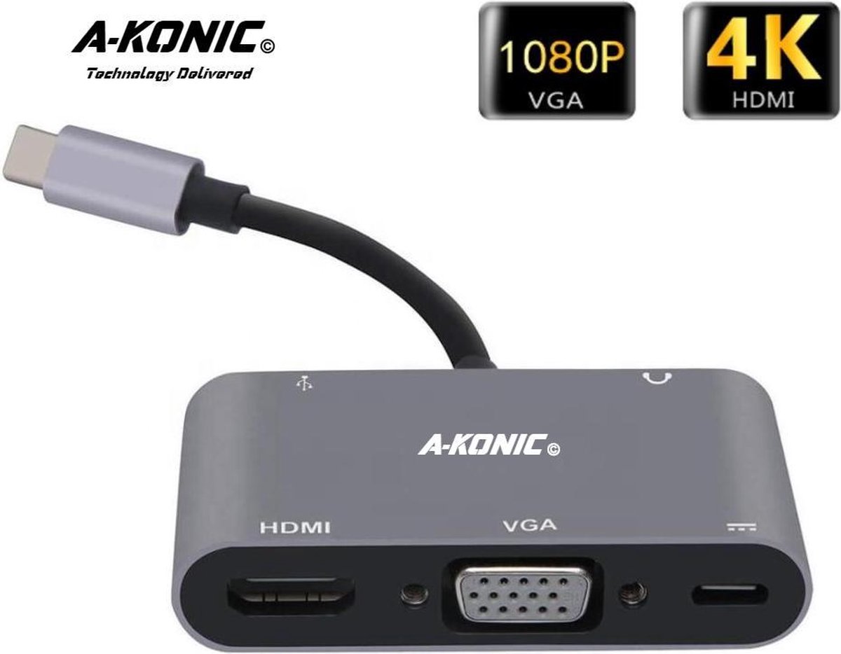 5 in 1 USB C naar HDMI 4K, VGA, usb-c opladen (thunderbolt), JACK en USB A | Type c adapter to HDMI, VGA, Type-C charging & USB 3.1 AUX | Apple Macbook | Chromebook | IMAC | Surface | XPS | Dell | Lenovo | Samsung | HP|A-KONIC©
