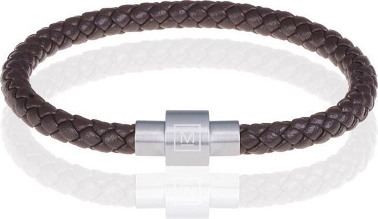 Memphis armband leer met edelstaal Donkerbruin Zilverkleurig-18cm