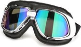 Retro, chrome zwart leren motorbril multi kleur glas
