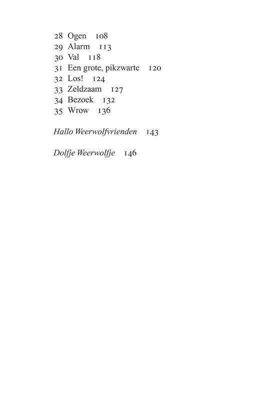 Pagina met inhoudsopgave van 'Dolfje Weerwolfje' met hoofdstuktitels en paginanummers.