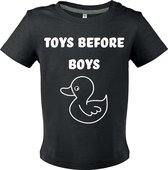 Zwart Baby shirtje "Toys before boys" Eend maat 3 mnd