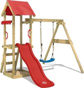 WICKEY speeltoestel klimtoestel TinyWave met schommel en rode glijbaan, outdoor kinderspeeltoestel met zandbak, ladder en speelaccessoires voor de tuin