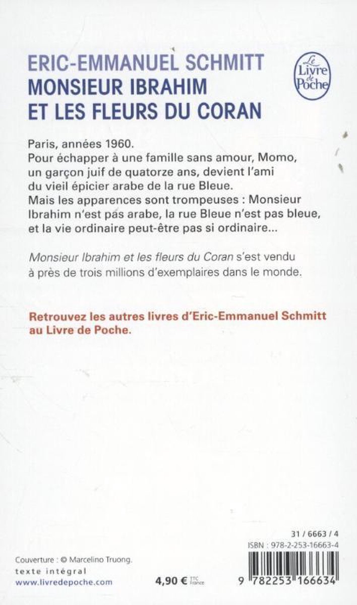 Achterkant van het boek 'Monsieur Ibrahim et les fleurs du Coran' met tekst en ISBN.