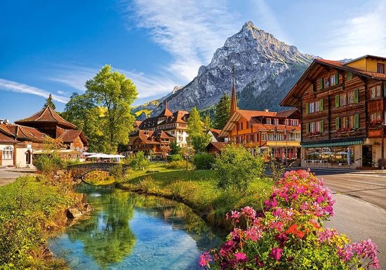 Een dorpsgezicht in de bergen met traditionele chalets, een riviertje, bloeiende bloemen en een imposante bergtop.