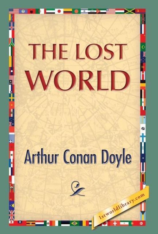 Boek "The Lost World" van Arthur Conan Doyle met een wereldkaart op de achtergrond en een vlaggenrand.