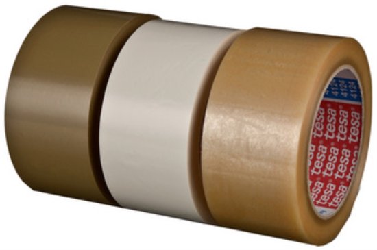Drie rollen verpakkingstape op een rij: een bruine, een witte en een doorzichtige rol met het Tesa-logo.