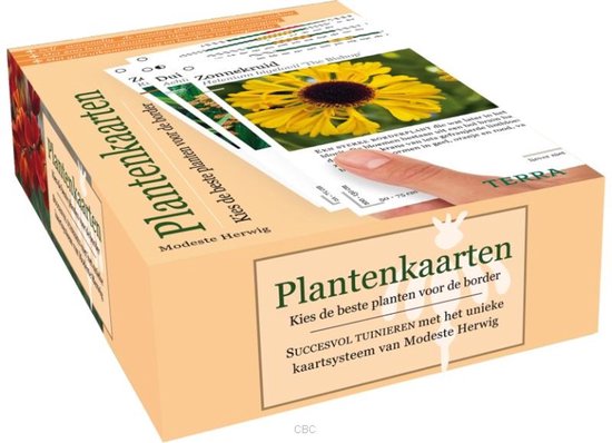 Doos met plantenkaarten met op de voorkant een zonnebloem.