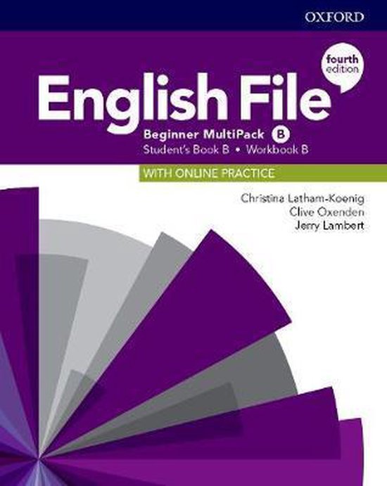 De kaft van het Oxford English File Beginner MultiPack B, vierde editie, met paarse en grijze waaier-achtige vormen.