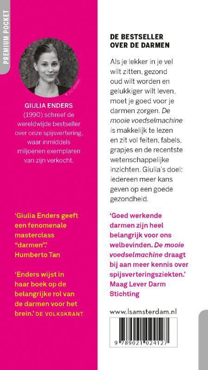 Achterkant boek 'De mooie voedselmachine' met foto van Giulia Enders en recensies.