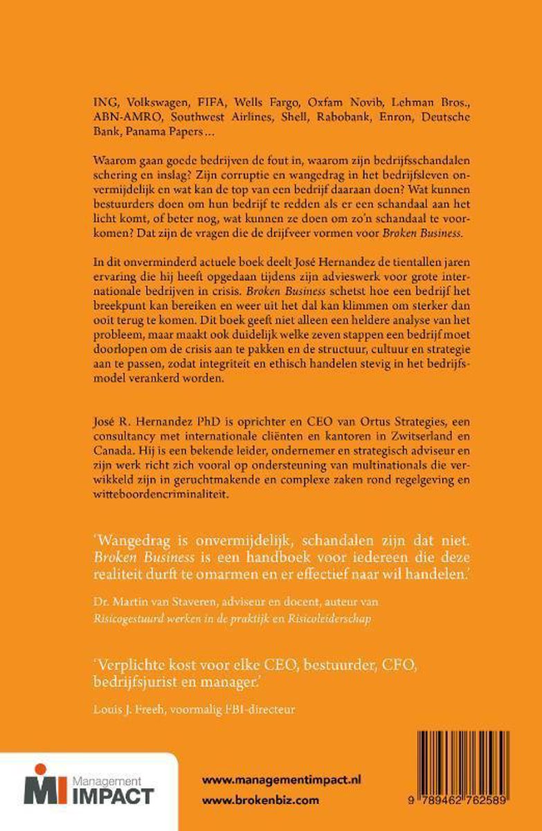 Achterkant boek 'Broken Business', met informatie over de auteur en recensies.