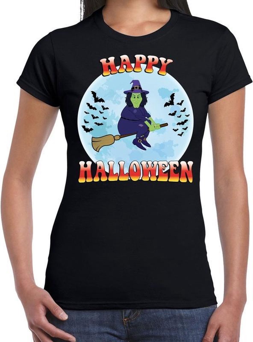 Afbeelding van product Bellatio Decorations  Halloween - Happy Halloween heks verkleed t-shirt zwart voor dames - horror heks/vleermuizen shirt / kleding / kostuum XS  - maat XS