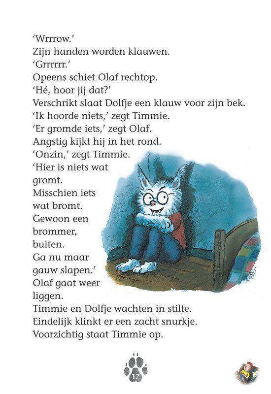 Illustratie van een grijze weerwolf met bril in een bed. Timmie kijkt toe. Onderaan een pootafdruk.