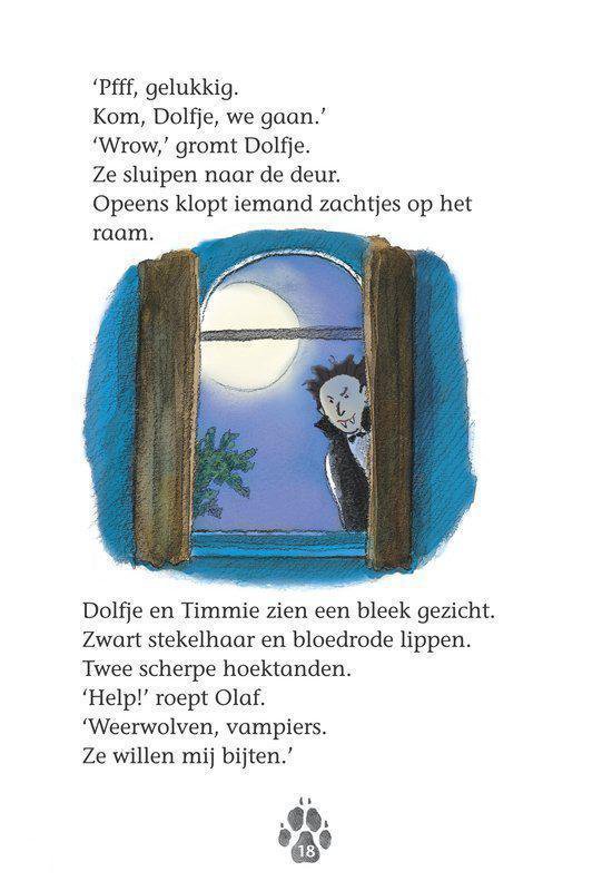 Illustratie van een vampier bij het raam. Dolfje en Timmie kijken elkaar aan. Onderaan een pootafdruk.