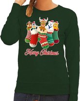 Foute Kersttrui / sweater kerstsokken met diertjes - Merry Christmas - groen voor dames M (38)