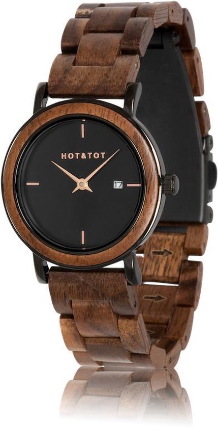 HOT&TOT | Nyx - Houten horloge voor dames - 32mm - Walnoot hout - Zwart - Roségoud